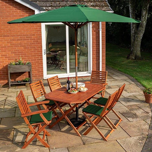 Plumley Set Green Cushions, Parasol & 15Kg Base 1 Plumley Set Green Cushions, Parasol & 15Kg Base