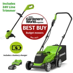 Greenworks 24 Volt 33cm Cordless Rotary Mower With Line Trimmer, Battery & Charger